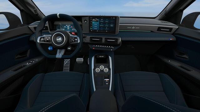 Alpine A290 GT Performance 52 kWh - 220 PK | premium Devialet® audio | Two-tone blanc nival/ dak noir | Verwarmbaar stuurwiel | Remklauwen vóór - Bleu Alpine | Franse vlag op C-stijl | 2 USB Type-C data & opladen + draadloos opladen |