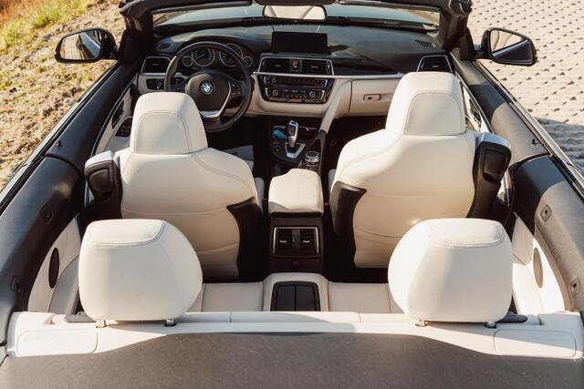 BMW 4-SERIE Cabrio 420i High Executive / Automaat / NL-Auto / 184 PK / Dealer-Onderhouden / Vol-Leder / Stoelverwarming / Nekverwarming / Elektr.- Stoelen met Geheugen / Cruise-Control / Climate-Control / Dodehoek-Detectie / LED / Radio-Bluetooth / Navi / Elektr.-Ach