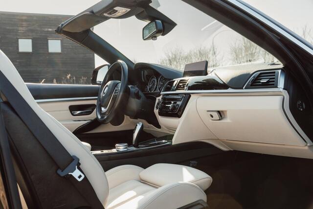 BMW 4-SERIE Cabrio 420i High Executive / Automaat / NL-Auto / 184 PK / Dealer-Onderhouden / Vol-Leder / Stoelverwarming / Nekverwarming / Elektr.- Stoelen met Geheugen / Cruise-Control / Climate-Control / Dodehoek-Detectie / LED / Radio-Bluetooth / Navi / Elektr.-Ach