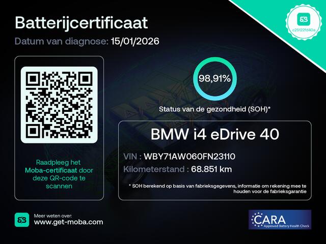 BMW i4 eDrive40 340pk High Executive 84 kWh SOH 99% Pano-Dak/Hefdak SportSt+Leer+(Stuur+)Verwarmd 360°Camera Adaptive-Cruise+s&go Park-Assist-plus HUD LASER-LED Bordherk. Live-Cockpit-Pro Apple-Android Carplay Smartphone-entry Semi-Autopilot Drive-Assist-pro Act