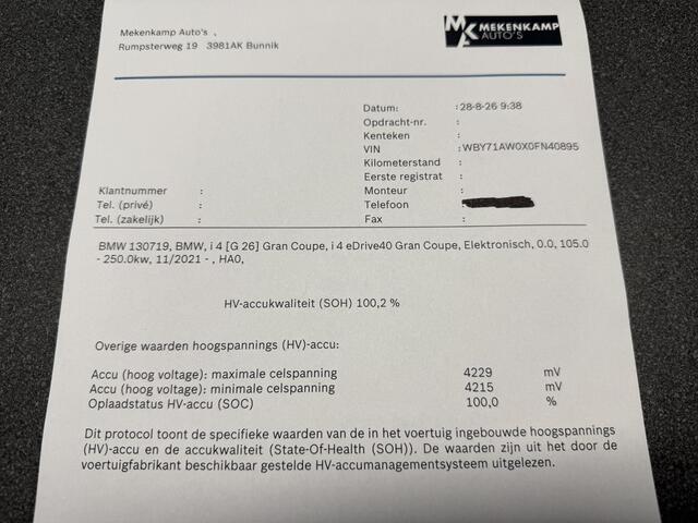 BMW i4 eDrive40 High Executive 84 kWh M Sport 18"/SOH 100%/Lederen M-stoelen + memory/Head-up/Adaptieve cruise/Adaptief M-onderstel/Sfeerverlichting/HiFi