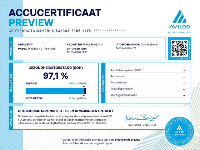 BMW iX xDrive40 High Exe. M Sport 77 kWh / SoH 97,1% / 360Camera / Head-up / Keyless / Softclose / 20'' / ACC / Laser LED / Navigatie / Stoelverwarming+Stuurverwarming / Stoelventilaite