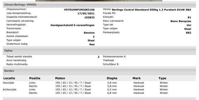 Citroen BERLINGO 1.2 Benzine 111PK Euro6 / Distributie is vervangen / Trekhaak / RVS imperiaal / Schuifdeur / Airco / Pdc./