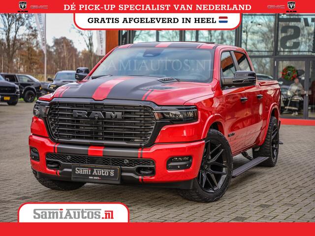 Dodge RAM PICKUP PREMIUM 420PK 636 Nm | BOM VOL | HEAD UP + 14.4 INCH SCHERM + LUCHTVERING | PRIJS MET LPG EN COVER EN GARANTIE | DUBBELE CABINE | PICK UP | 5 PERSOONS | DC | GRIJSKENTEKEN | PR4 FLAME RED | VOORRAAD NR 2226 - 4993