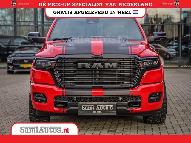 Dodge RAM PICKUP PREMIUM 420PK 636 Nm | BOM VOL | HEAD UP + 14.4 INCH SCHERM + LUCHTVERING | PRIJS MET LPG EN COVER EN GARANTIE | DUBBELE CABINE | PICK UP | 5 PERSOONS | DC | GRIJSKENTEKEN | PR4 FLAME RED | VOORRAAD NR 2226 - 4993