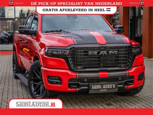 Dodge RAM PICKUP PREMIUM 420PK 636 Nm | BOM VOL | HEAD UP + 14.4 INCH SCHERM + LUCHTVERING | PRIJS MET LPG EN COVER EN GARANTIE | DUBBELE CABINE | PICK UP | 5 PERSOONS | DC | GRIJSKENTEKEN | PR4 FLAME RED | VOORRAAD NR 2226 - 4993