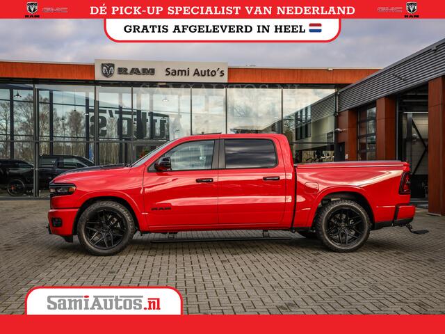 Dodge RAM PICKUP PREMIUM 420PK 636 Nm | BOM VOL | HEAD UP + 14.4 INCH SCHERM + LUCHTVERING | PRIJS MET LPG EN COVER EN GARANTIE | DUBBELE CABINE | PICK UP | 5 PERSOONS | DC | GRIJSKENTEKEN | PR4 FLAME RED | VOORRAAD NR 2226 - 4993