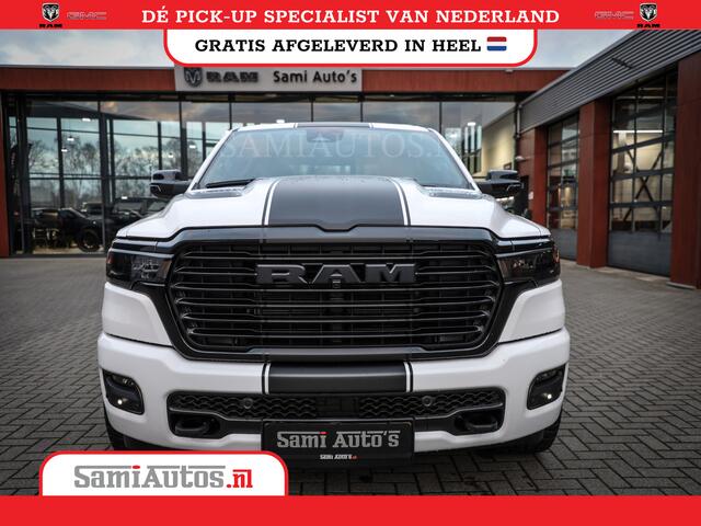 Dodge RAM PICKUP PREMIUM NIGHT 2025 | BOM VOL + 14.4 INCH SCHERM | LUCHTVERING | HUD | HURRICAN 420PK 636 Nm | PRIJS MET LPG EN COVER EN GARANTIE | DUBBELE CABINE | PICK UP | 5 PERSOONS | DC | GRIJSKENTEKEN | PW7 BRIGHT WHITE | VOORRAAD NR 2230 - 8765