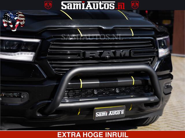 Dodge RAM PICKUP HULK PACK | BULLBAR | 5.7 V8 | HUD | PANO | DIGI CLUSTER | 360CAM | ADAPTIVE CRUISE | HEADUP | DIGITALE BINNENSPIEGEL | LARAMIE SPORT 4X4 | 3500KG | LEDER | LANE ASSIST | DODE HOEK INSTALLATIE |