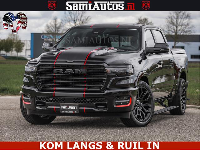 Dodge RAM PICKUP NIGHT PREMIUM | 426PK | STRIPING | LUCHTVERING | HUD | PANO | 360 CAM | Full Option | LIMITED WHEELS | De Meest Luxe Pick-Up in zijn Klasse | Comfortabele Dubbele Cabine met Royale 5 Zitplaatsen | EERSTE EIGENAAR | SMOKE PACK | BOM VOL |