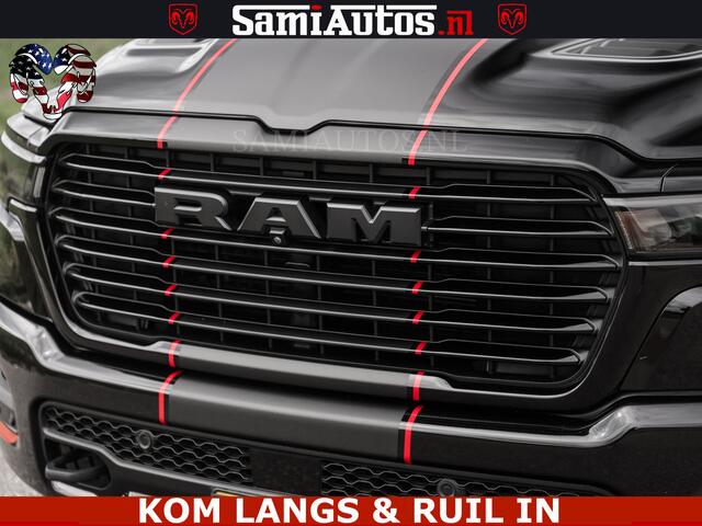 Dodge RAM PICKUP NIGHT PREMIUM | 426PK | STRIPING | LUCHTVERING | HUD | PANO | 360 CAM | Full Option | LIMITED WHEELS | De Meest Luxe Pick-Up in zijn Klasse | Comfortabele Dubbele Cabine met Royale 5 Zitplaatsen | EERSTE EIGENAAR | SMOKE PACK | BOM VOL |