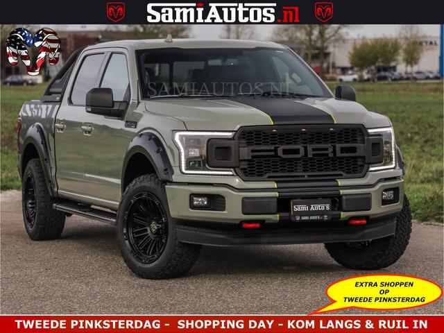 Dodge RAM PICKUP FORD F150 5.0 V8 4X4 | MAT OLIVE GREEN | BIJTELLING VRIJ | ZEER DIK | CAMERA | 3500KG | PANORAMA | LEDER | GO RHINO ROLLBAR | CRUISE CONTROL | PRINS LPG | BAKFLIP COVER | Deze pick-up is leverbaar met zowel een groot rijbewijs (C) als een klein rijbewijs 