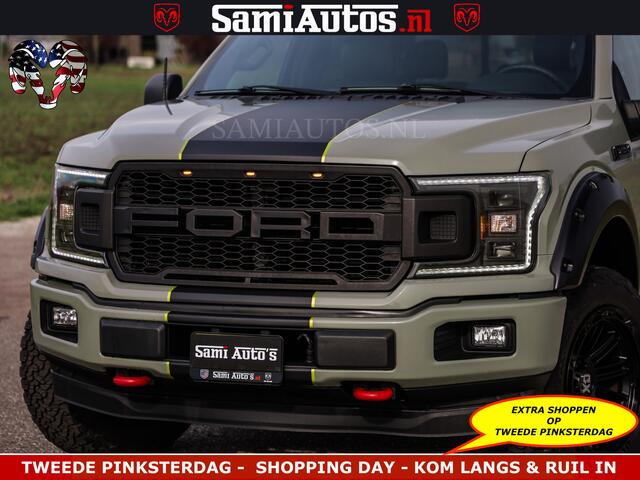 Dodge RAM PICKUP FORD F150 5.0 V8 4X4 | MAT OLIVE GREEN | BIJTELLING VRIJ | ZEER DIK | CAMERA | 3500KG | PANORAMA | LEDER | GO RHINO ROLLBAR | CRUISE CONTROL | PRINS LPG | BAKFLIP COVER | Deze pick-up is leverbaar met zowel een groot rijbewijs (C) als een klein rijbewijs 