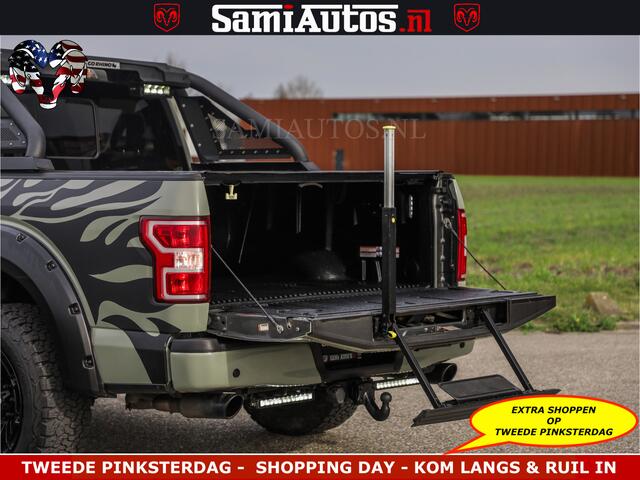 Dodge RAM PICKUP FORD F150 5.0 V8 4X4 | MAT OLIVE GREEN | BIJTELLING VRIJ | ZEER DIK | CAMERA | 3500KG | PANORAMA | LEDER | GO RHINO ROLLBAR | CRUISE CONTROL | PRINS LPG | BAKFLIP COVER | Deze pick-up is leverbaar met zowel een groot rijbewijs (C) als een klein rijbewijs 