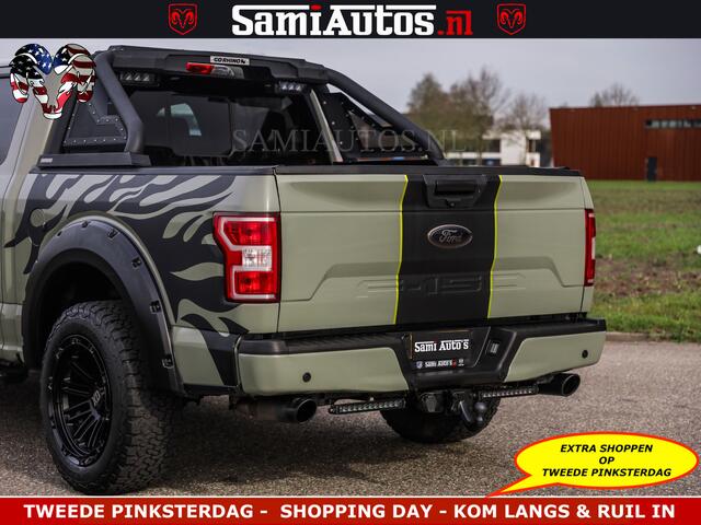 Dodge RAM PICKUP FORD F150 5.0 V8 4X4 | MAT OLIVE GREEN | BIJTELLING VRIJ | ZEER DIK | CAMERA | 3500KG | PANORAMA | LEDER | GO RHINO ROLLBAR | CRUISE CONTROL | PRINS LPG | BAKFLIP COVER | Deze pick-up is leverbaar met zowel een groot rijbewijs (C) als een klein rijbewijs 