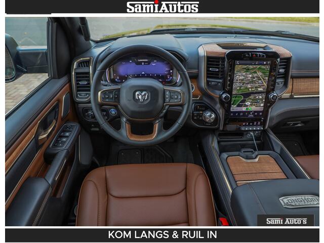 Dodge RAM PICKUP LONGHORN BRUIN LEDER 5,7L V8 HEMI | VIRTUAL | HEAD UP | PANODAK | LUCHTVERING | BOM VOL | DC | 402 PK | CREW CAB | DUBBELE CABINE | 4X4 | 5 PERSOONS | GRIJSKENTEKEN | LIMITED