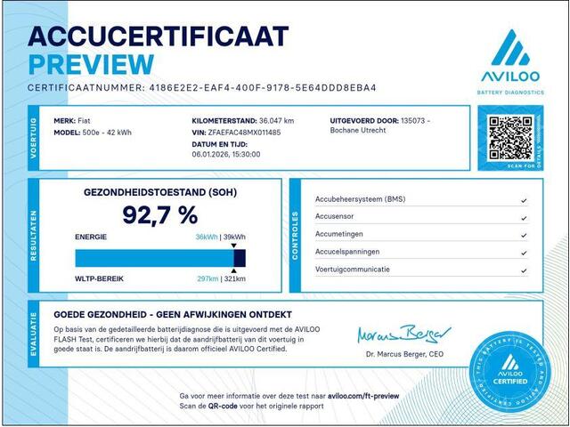 Fiat 500 Icon 42 kWh | SOH 92.7% | Stoelverwarming | Carplay | Lanekeeping |