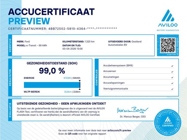 Ford E-Transit 390 (3500 kg) L2H2 Trend 68 kWh / 100% Elektrisch !! / Airco / Cruise Control / CarPlay / Camera / Navigatie / 3-Zits / 1.300 KM !!