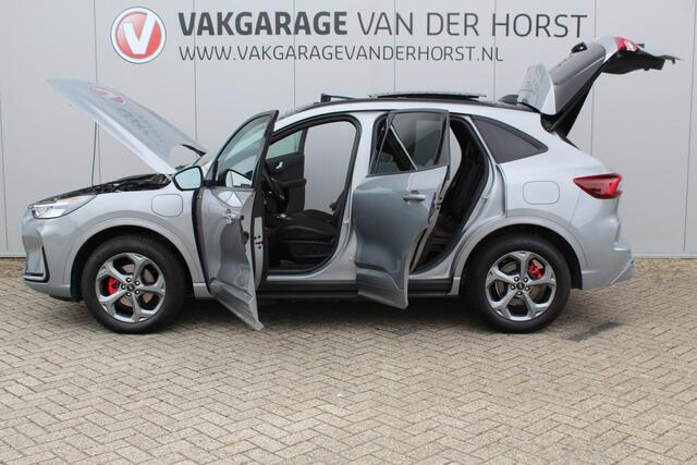 Ford KUGA 2.5-243pk PHEV ST-Line X. Febr. 2026, slechts 14.000km ! Autm. airco dual, elektr. panodak, elektr. trekhaak, elektr. achterklep, leer/alcantara, klep, LED verl., navigatie, telefoonvoorb., stoel-, stuur-, voorraam- en achterbankverw., side- en lan