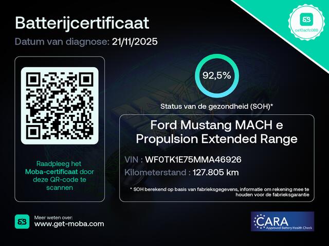 Ford MUSTANG Mach-E Extended Range RWD 98kWhTechnology Pack Plus Leder Pano-dak Extend B&O®-Hifi Audio 360°Camera Stoel+Stuurverwarming SOH 92.5% Memory Keyless Lane Departure Warning/Lane Keeping Aid Road Edge Detection 1e Eigenaar Origineel Nederlandse Auto Nieuwpri