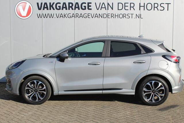 Ford PUMA 1.0-125pk EcoBoost Hybrid ST-Line X. De fijnst rijdende wagen in z'n klasse ! Autm. airco, adaptieve cruise control, stoel-, stuur- en voorraamverw., LED verlichting, metallic lak, lane- en side assist, camera, trekhaak, parkeersensoren v+a etc.
