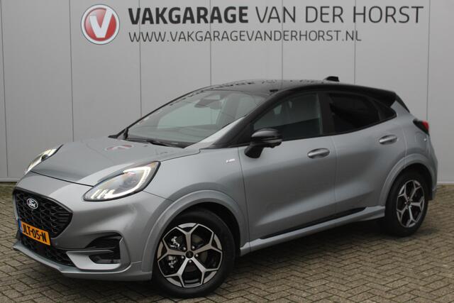 Ford PUMA 1.0-125pk EcoBoost Mild-Hybrid ST-Line, two-tone. Alwéér een prachtige hoogzitter met slechts 12.000km ! Autm. airco, camera 360gr., LM wln, side- en lane assist, adaptieve cruise cntrl, navigatie, telefoonvoorb., stoel-, stuur-- en voorraamverw. etc.