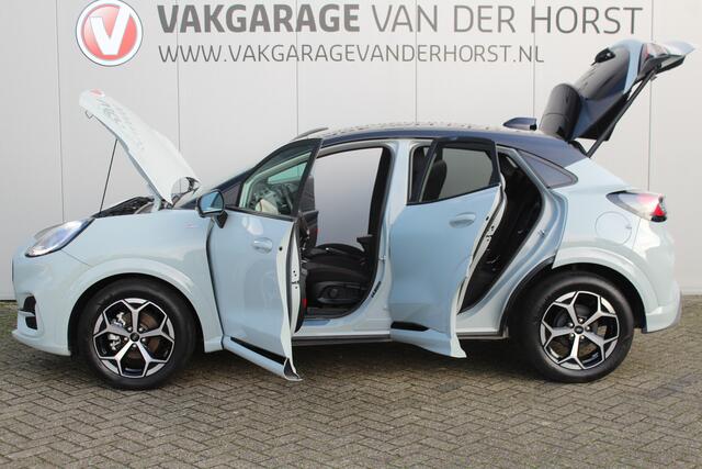 Ford PUMA 1.0-125pk EcoBoost Mild-Hybrid ST-Line. Mooie luxe hoogzitter ! Slechts 9.900km ! Autm. airco, adapt. cruise control, stoel-, stuur- en voorraamverw., navigatie, telefoonvoorb., LM wielen, elektr. achterklep, LED verl., camera 360gr, pdc v+a etc.