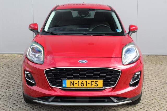 Ford PUMA 1.0-125pk EcoBoost Mild-Hybrid Titanium X. Mooie, chique en luxe Ford Puma, hoge in- en uitstap ! Autm. airco, adapt. cruise cntrl, side- en lane assist, stoel-, stuur- en voorraamverw., navigatie, telefoonvoorb., all season banden, LED verl., B&O soundsyst. etc.