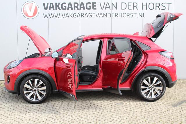 Ford PUMA 1.0-125pk EcoBoost Mild-Hybrid Titanium X. Mooie, chique en luxe Ford Puma, hoge in- en uitstap ! Autm. airco, adapt. cruise cntrl, side- en lane assist, stoel-, stuur- en voorraamverw., navigatie, telefoonvoorb., all season banden, LED verl., B&O soundsyst. etc.