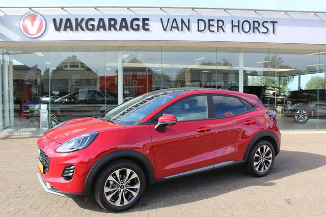 Ford PUMA 1.0-125pk EcoBoost Mild-Hybrid Titanium. Fabr. garantie t/m 21-09-2029 ! Elektr. pano-dak, stoel-, stuur- en voorraamverw., 360gr. camera, adaptieve cruise cntrl, side- en lane assist, parkeersensoren v+a, metallic lak, LM wielen.