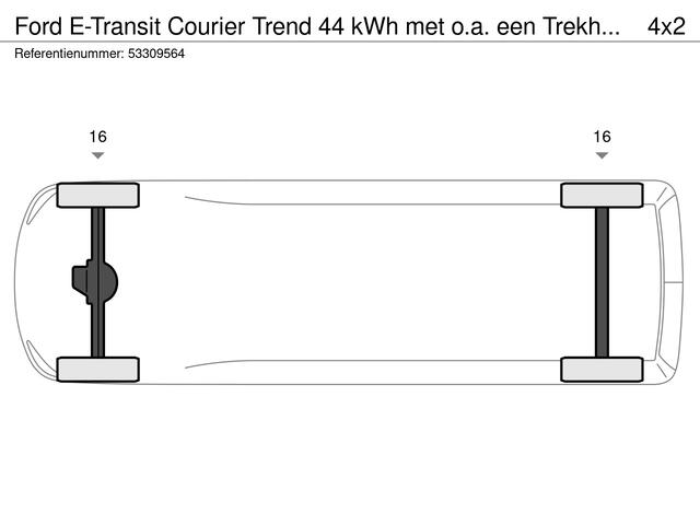 Ford TRANSIT COURIER E-Transit Trend 44 kWh met o.a. een Trekhaak, navigatie systeem, dodehoekdetectie, adaptieve cruise control
