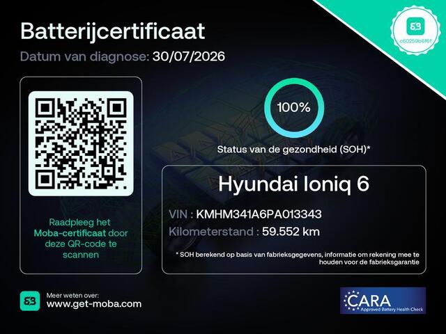 Hyundai IONIQ 6 Business 77.4 kWh / SOH 100% / Fabrieksgarantie tot 05-2028 / Bose Audio Systeem / Dealer onderhouden / Glazen schuif- en kanteldak / CCS snelladen / Head Up Display / Elektrische achterklep / Trekgewicht 1500 kg / Rondomzicht camera / Stuur- Stoel & A