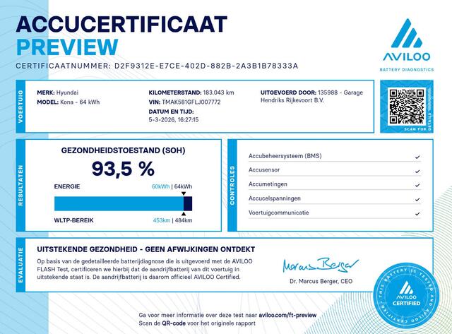 Hyundai Kona EV Premium 64 kWh | SOH: 93,5% | Leder | HUD | Blindspot | Adaptive CC | LED |