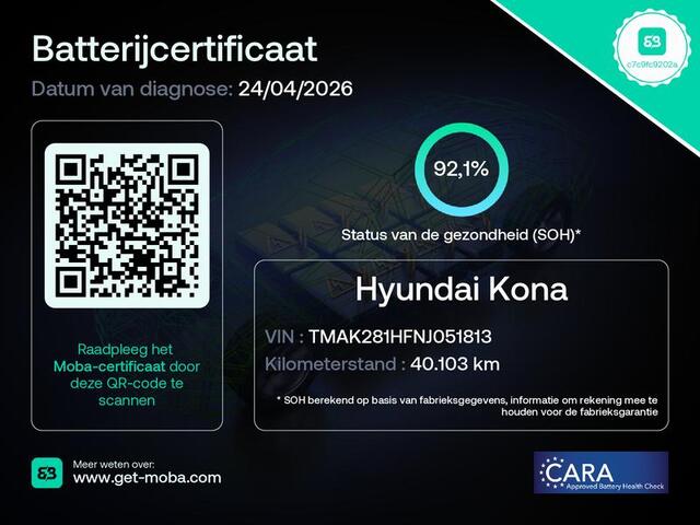 Hyundai Kona EV Comfort Smart 39 kWh / Dealer onderhouden / SOH 92.10% / Fabrieksgarantie tot 02-2027 / Trekhaak afneembaar / Warmtepomp / CCS snelladen / Navigatie / Apple Carplay Android / 17" LM wielen + All Season banden /