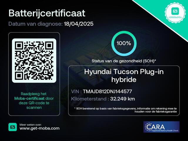 Hyundai TUCSON 1.6 T-GDI PHEV Plug-in Comfort 4WD Automaat / Accu SoH 100% / Trekhaak Afneembaar / Trekgewicht 1350 Kg / Apple Carplay Android Auto / Stoelverwarming / Cruise control / Keyless Entry/Start /