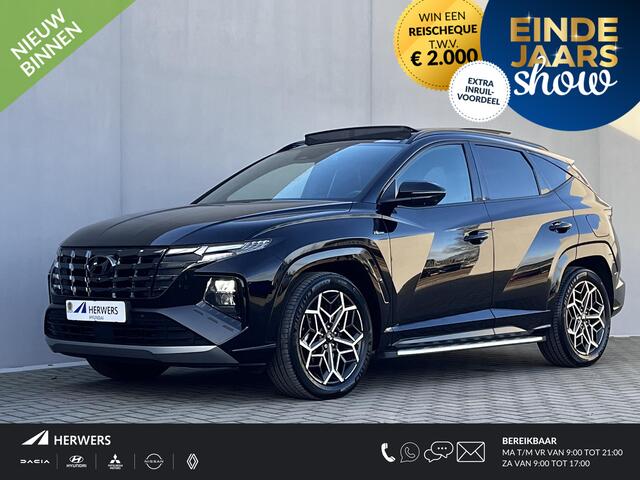 Hyundai TUCSON 1.6 T-GDI HEV 230pk N Line Sky Fabrieksgarantie tot 04-2029 / Dealer onderhouden / 1.650kg Trekgewicht / Panorama schuifdak / Stuur-, stoel- en achterbankverwarming / Apple Carplay Android / 19" LM wielen /