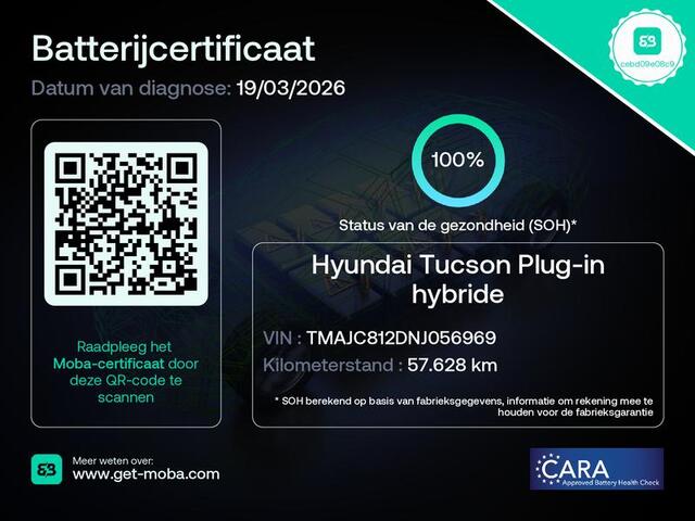 Hyundai TUCSON 1.6 T-GDI PHEV Comfort 4WD Automaat / Accu SOH 100% / Fabrieksgarantie tot 01-2027 / Dealer onderhouden / Trekhaak afneembaar / Adaptieve CC / Trekgewicht 1.350 kg / Camera / Navigatie / Apple Carplay Android / 19" LM wielen / Voorstoelen verwarmd /