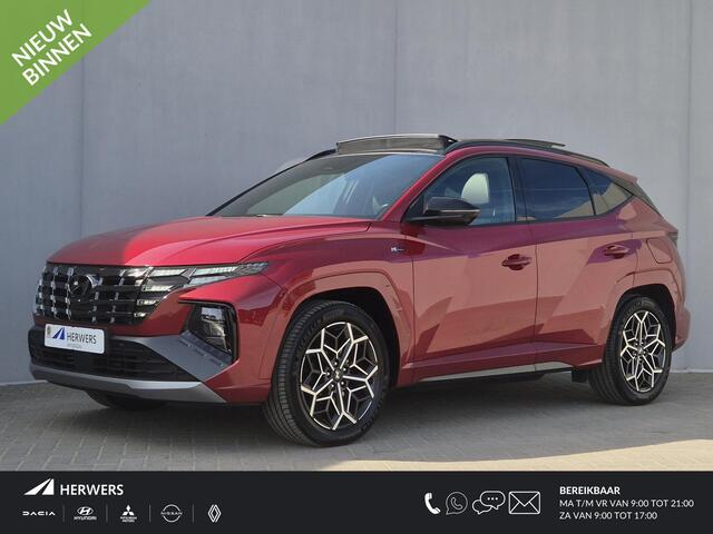 Hyundai TUCSON 1.6 T-GDI PHEV N Line Sky 4WD Automaat / Accu SOH 100% / Dealer onderhouden / Stuur- Stoel & Achterbankverwarming / Trekgewicht 1350 kg / Elektrische achterklep / Glazen schuif- en kanteldak / Rondomzicht camera / Adaptief cruise control /