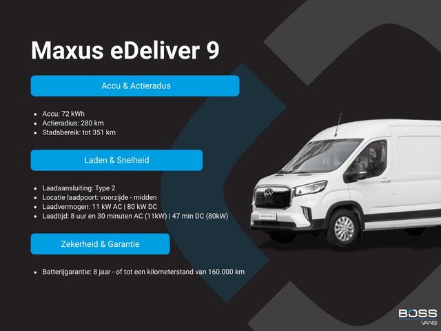 Maxus eDELIVER 9 L2H2 72kWh 280km WLTP Snelladen LED Carplay Cruise control Camera Airco Parkeersensoren v+a