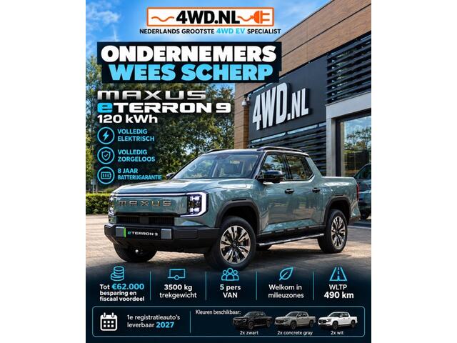 Maxus eTERRON 9 eTerron 9 102 kWh Premium 3500 kg trekgewicht WLTP 490 KM financiële en fiscale besparing tot wel € 60.000 iedere bedrijfsmatige gewenste opbouw mogelijk voor transparant advies maak een afspraak bij onze adviseurs Susanne Schiffer / Ben Voets