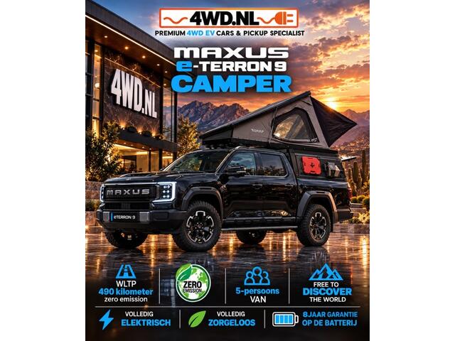 Maxus eTERRON 9 EV 4WD - 120- kWh Premium 5 pers VAN - V.A € 59.000 EXCL BTW / OPBOUW fiscaal zeer voordelig en welkom in iedere stad en natuurgebied . opbouw hardtop / canopy/ daktent / camper / bedrijf inrichting / tegen meerprijs leverbaar Voor vrijblijvend advies kunt u een afspraak maken bij onze adviseurs Susanne Schiffer en Ben Voets