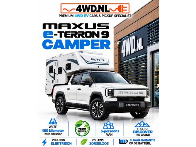 Maxus eTERRON 9 EV 4WD - 120- kWh Premium 5 pers VAN - V.A € 59.000 EXCL BTW / OPBOUW fiscaal zeer voordelig en welkom in iedere stad en natuurgebied . opbouw hardtop / canopy/ daktent / camper / bedrijf inrichting / tegen meerprijs leverbaar Voor vrijblijvend advies kunt u een afspraak maken bij onze adviseurs Susanne Schiffer en Ben Voets