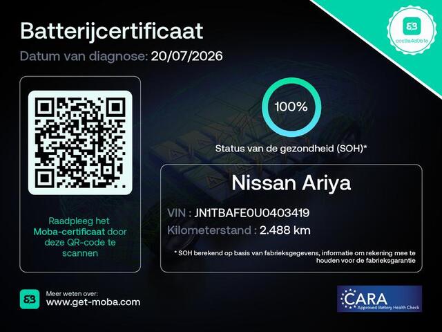 Nissan Ariya Advance 91 kWh / SOH 100% / Fabrieksgarantie tot 04-2028 / All season banden / CCS snelladen / Head Up Display / Elektrische achterklep / Warmtepomp / Stuur- Stoel & Voorruit verwarming / Rondomzicht camera / Adaptief cruise control / Bose Audio Systeem /