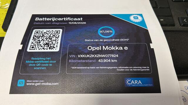 Opel MOKKA Mokka-e Ultimate 50-kWh 11kw bl. | SOH 97% | Climate | Pdc v/a+camera | Cruise control adaptief | Navi | Carplay | Keyless | Dode hoek | Stoel+stuurverwarming | Spiegels elektrisch inklapbaar