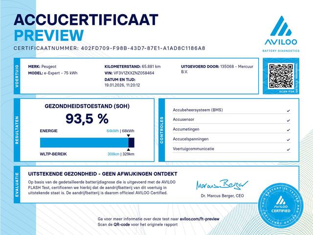 Peugeot e-Expert L2H1 75 kWh | SOH 93% | Snelladen | Airco | Cruise | 3-Zits | Camera | Trekh. | Carplay | Parkeersens.