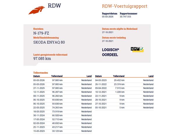Skoda Enyaq iV 80 SOH 93% Warmtepomp Panoramadak Leder Adap.Cruise Lmv 21" Elek.Stoel+Memory+Verwarmd Camera Apple Carplay Android Auto Pdc Privacy Glas Matrix-Led DAB Stuur+Achterbankverwarming Draadloze telefoonlader Keyless Dodehoek detectie Dealeronderhouden Origine
