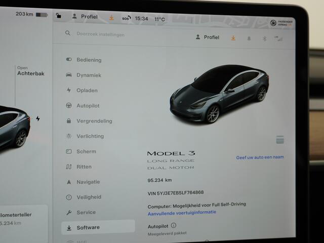 Tesla Model 3 Long Range 75kWh 463PK FSD-Full Self Driving Computer Telefoon-Sleutel Premium Audio 4wd 18" Lmv AutoPilot Panoramadak Camera's Leder Adaptive-CruiseControl-Stop&Go Pdc Ecc Dual Motor Stoel en achterbank verwarming Keyless Electr.Stoelen+Memory+Easy-Entry