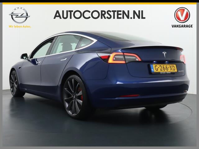Tesla Model 3 Performance 513pk 3,4 sec 0-100 ! 20"lm FSD-computer 3 AutoPilot Carbon-Spoiler Premium-HiFi Pano.dak Camera Leer Adaptive-Cruise+Stop&Go PDC-A+Voor Wifi Ecc Pdc Cruise Dual Motor! Long Range 75 kWh Stoel en achterbank verwarming Keyless/GSM Elec Navigati