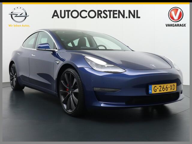 Tesla Model 3 Performance 513pk 3,4 sec 0-100 ! 20"lm FSD-computer 3 AutoPilot Carbon-Spoiler Premium-HiFi Pano.dak Camera Leer Adaptive-Cruise+Stop&Go PDC-A+Voor Wifi Ecc Pdc Cruise Dual Motor! Long Range 75 kWh Stoel en achterbank verwarming Keyless/GSM Elec Navigati