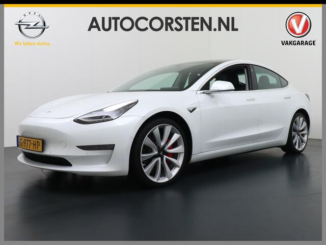 Tesla Model 3 4WD Performance 513pk 3,4 sec 0-100 ! 20" FSD-vb. AutoPilot Carbon-Spoiler Premium-HiFi Pano.dak Camera Leer Adaptive-Cruise+Stop&Go PDC Wifi Ecc Dual Motor Long Range 75kWh Stoel en achterbank verwarming Keyless Navi LED ACC DAB Voorverwarmen interieur e